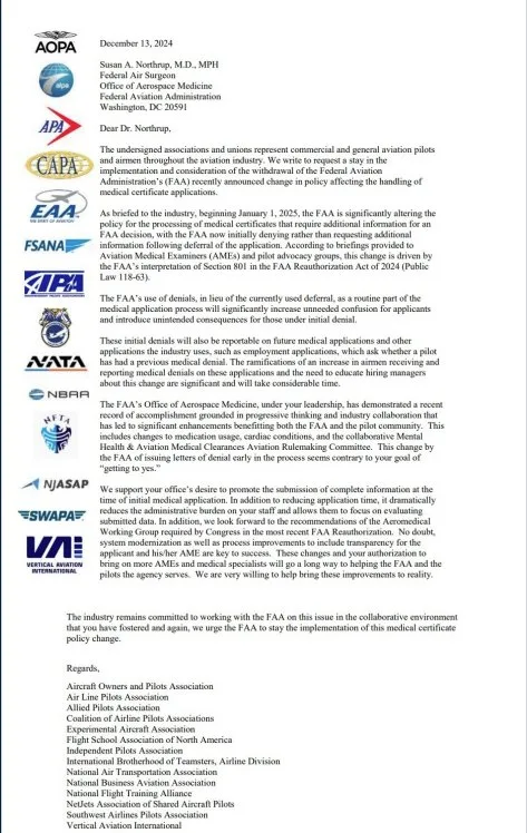 A formal letter from aviation organizations addressing FAA medical certificate policy changes in Vancouver, WA.