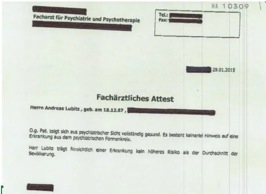 Psychiatric certificate document with redacted details on a desk